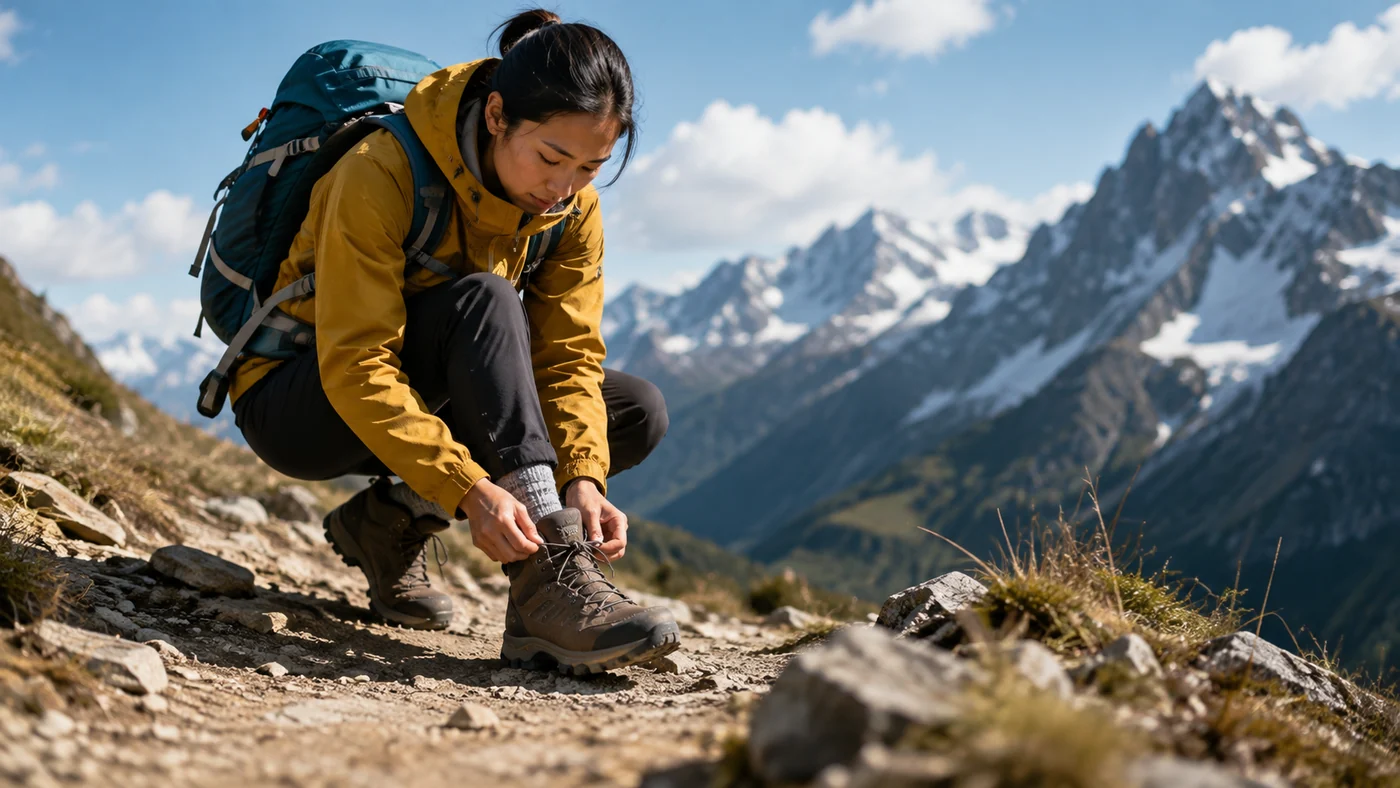登山者在高山步道整理登山鞋與鞋帶的情境圖